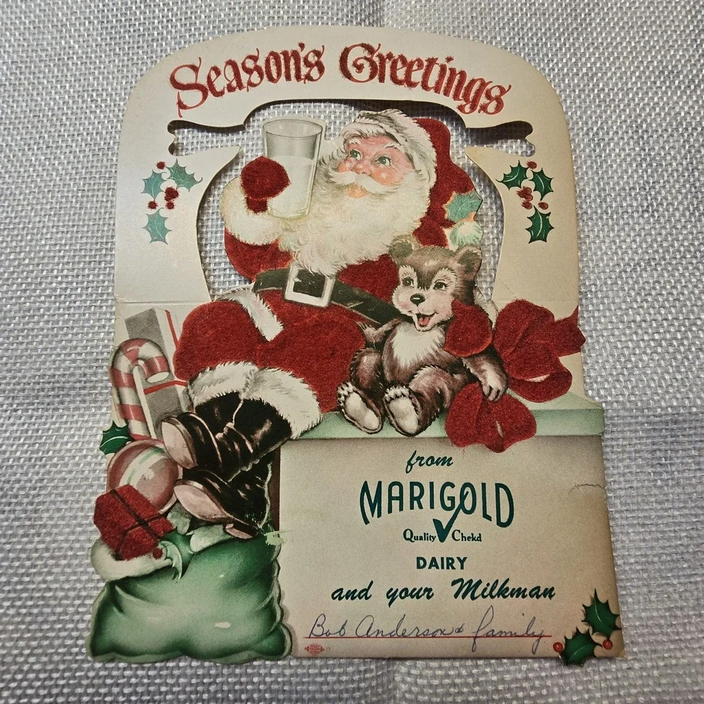 Vintage Marigold Dairy Milkman Flocked Santa Milk Die Cut Christmas‎ Card 1940s